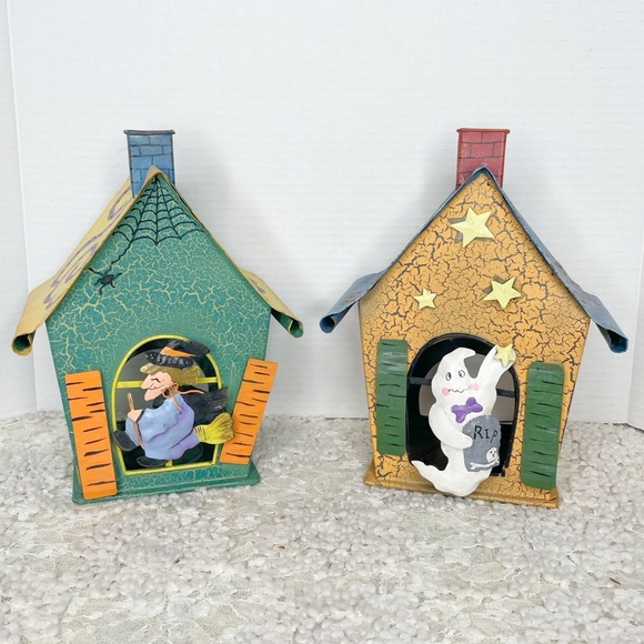 Haunted House Set (2) Witch Ghost Candle Holder Halloween Metal Crackle Finish - Picture 1 of 9